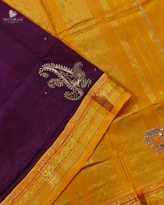 Magenta colour silk cotton saree with beads all over