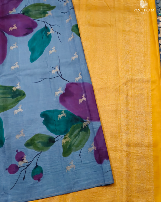 Grey colour pure zari kanchivaram silk saree with hand paint & deer zari motif all over