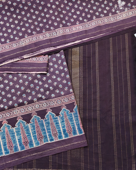 Coffee brown colour pure zari kanchivaram silk saree with ajrakh print all over