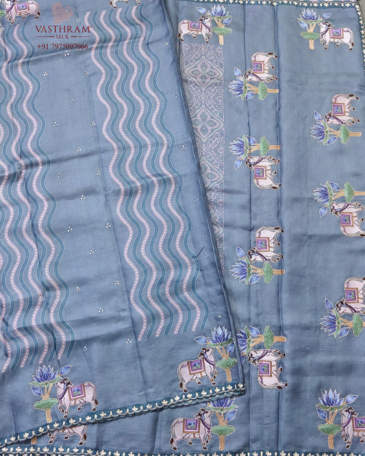 Grey colour tussar silk saree with digital & zero zari mirror work all over