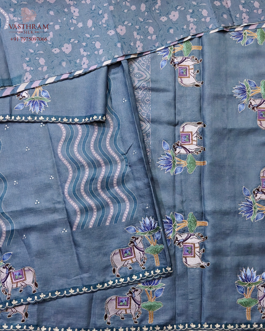 Grey colour tussar silk saree with digital & zero zari mirror work all over