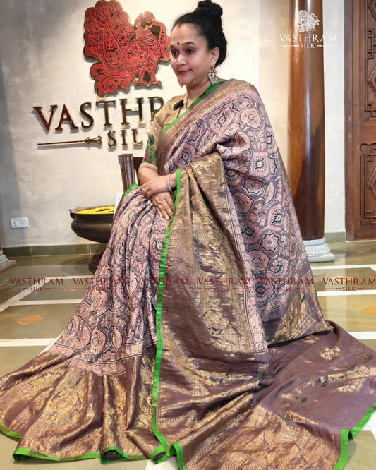 Brown colour gadwal silk saree with ajrakh print all over