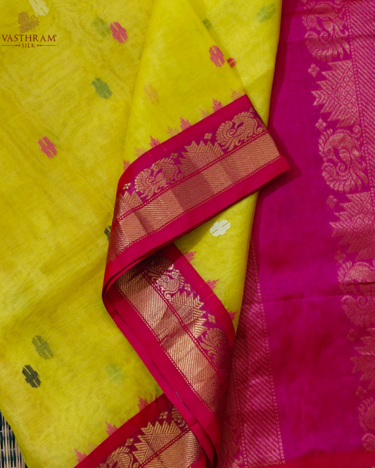 Lemon Yellow Colour Muslin & Silk Cotton Fusion Saree With Thread Woven Motif All Over