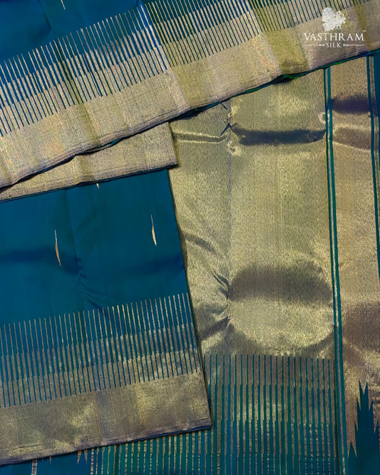 Peacock Blue Colour Kanchivaram Silk Saree With Rain Drops Zari Butta All Over