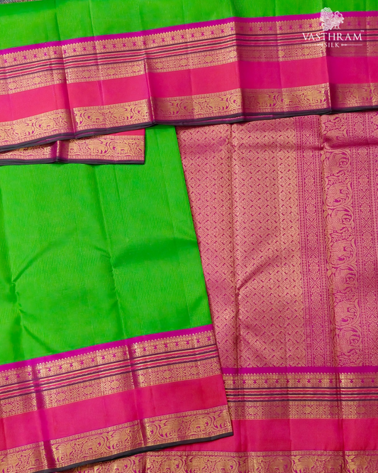 Parrot Green Colour Kanchivaram Silk Saree With Small Zari Stripes All Over