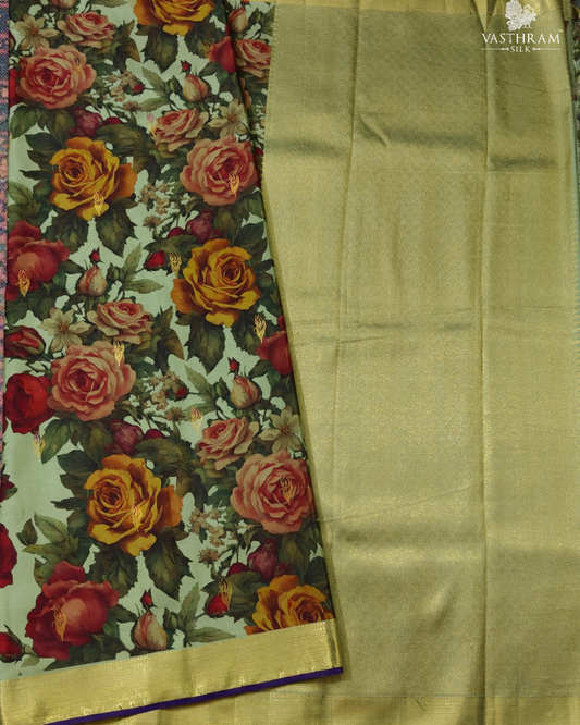 Parrot Green Colour Kanchivaram Silk Saree With Floral Digital Print All Over
