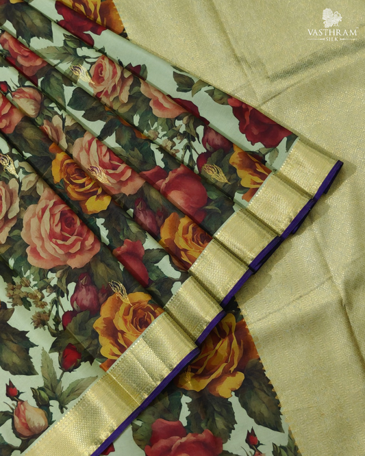 Parrot Green Colour Kanchivaram Silk Saree With Floral Digital Print All Over