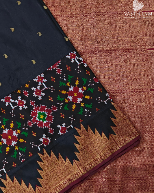 Black Colour Kanchivaram & Ikkat Fusion Silk Saree With Zari Butta all Over