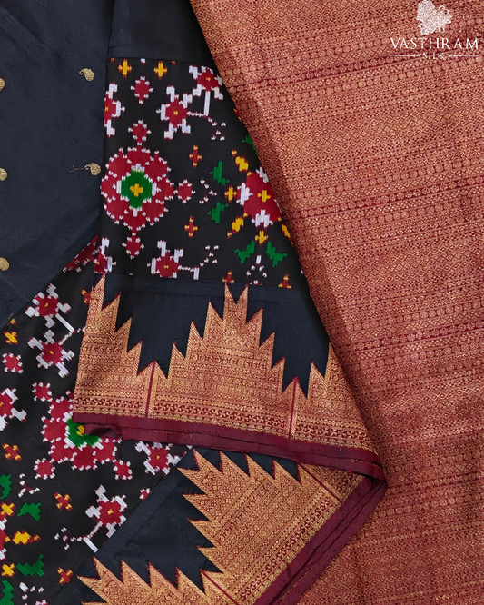 Black Colour Kanchivaram & Ikkat Fusion Silk Saree With Zari Butta all Over