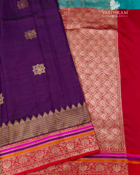 Magenta colour kanchivaram & Banarasi fusion silk saree with zari stripes & butta all over