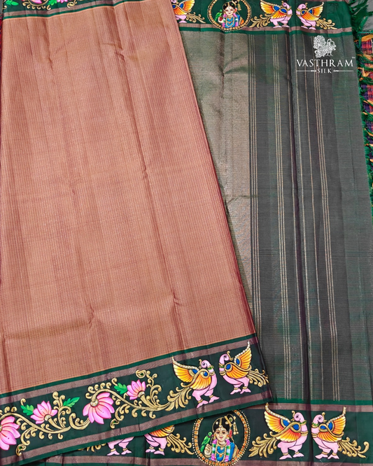 Brown colour kanchivaram silk saree with small zari checks all over