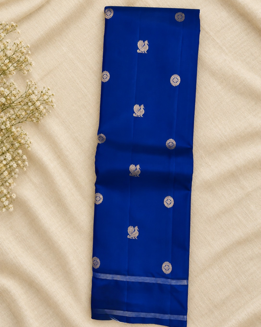 Dual Tone Blue Colour Kanchivaram Silk Saree Peacock & Rudraksham Zari Butta All ver