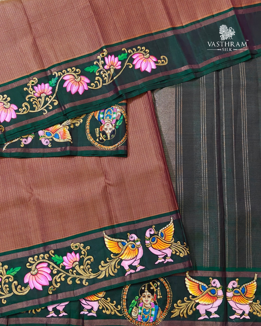 Brown colour kanchivaram silk saree with small zari checks all over