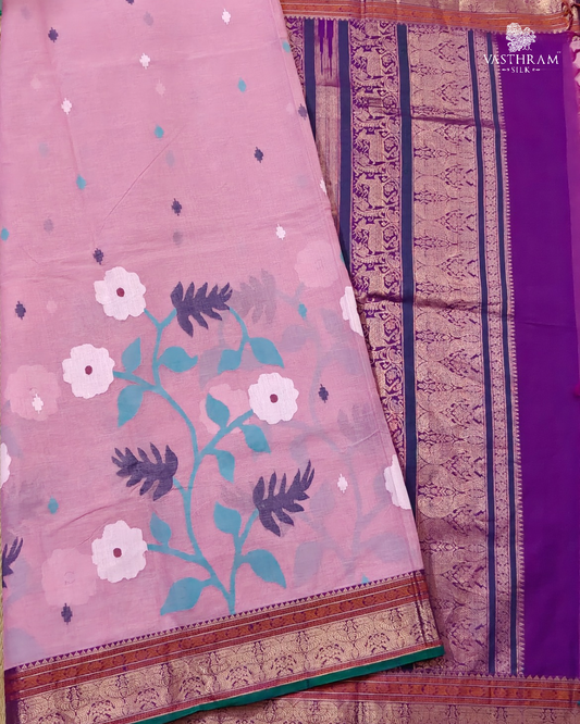 Baby pink colour cotton jamdhani & kanchi silk cotton fusion saree with jamdhani weaving all over