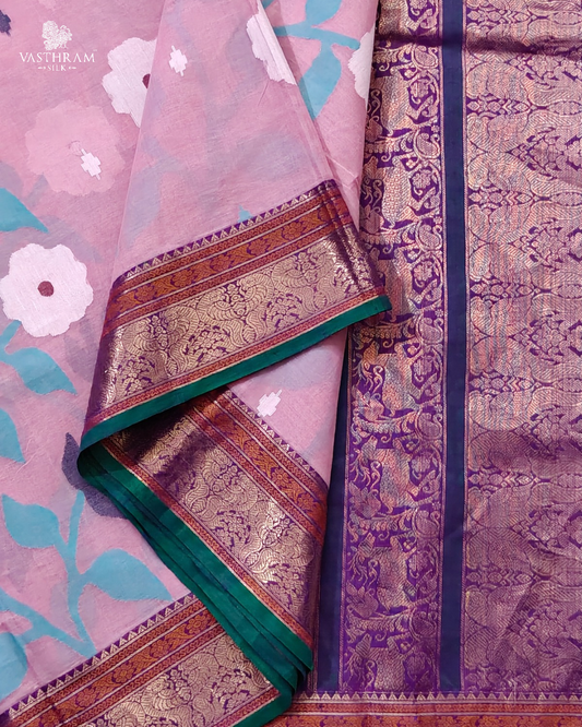 Baby pink colour cotton jamdhani & kanchi silk cotton fusion saree with jamdhani weaving all over