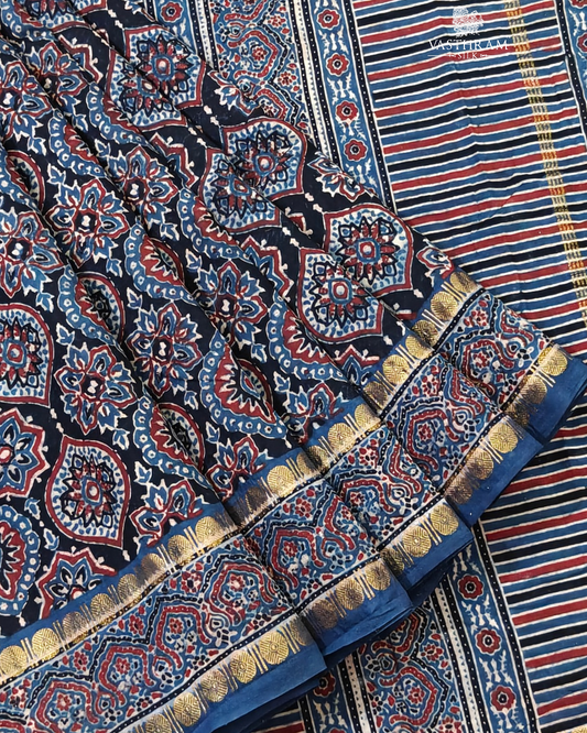 Blue colour & sungudi cotton saree with ajrakh print all over