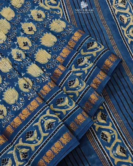 Blue & Yellow colour & sungudi cotton saree with ajrakh print all over