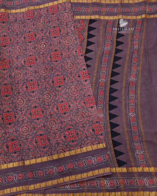 Brown colour & sungudi cotton saree with ajrakh print all over