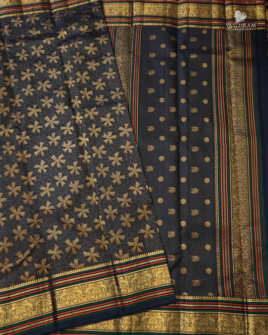 Black Colour Kanchivaram Silk Saree With Zari & Thread Woven Motif All Over