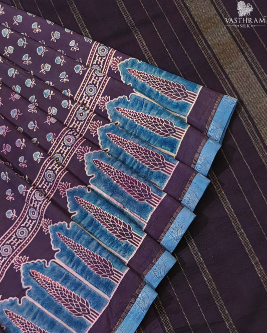 Snuff Colour Pure Zari Kanchivaram Silk Saree With Ajrakh Print All Over