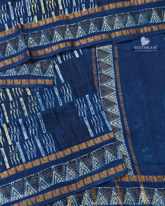 Blue colour & sungudi cotton saree with ajrakh print all over