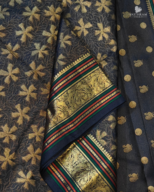 Black Colour Kanchivaram Silk Saree With Zari & Thread Woven Motif All Over