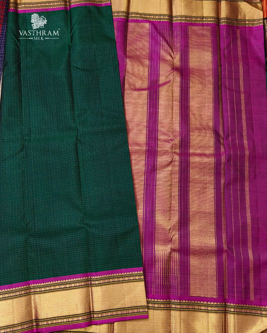 Bottle Green Colour Kanchivaram Silk Saree With Thread Woven Checks All Over