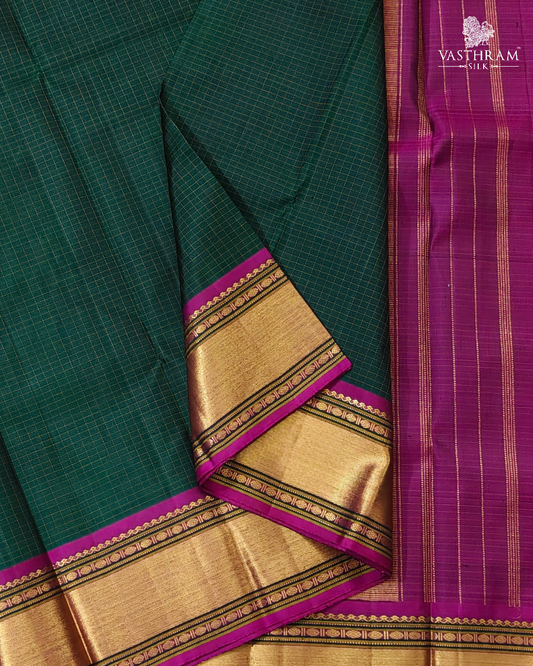 Bottle Green Colour Kanchivaram Silk Saree With Thread Woven Checks All Over