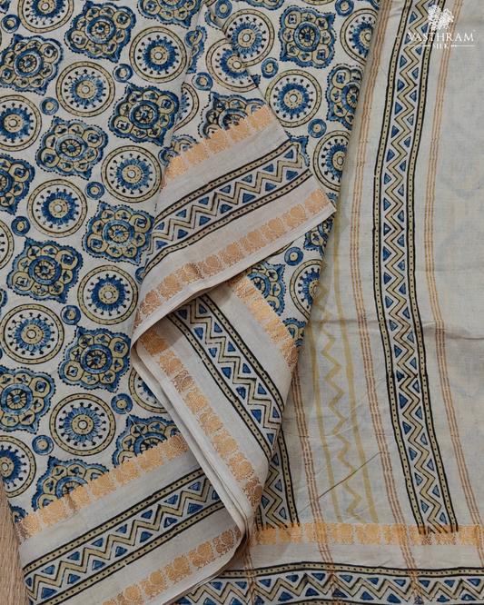 Cream colour & sungudi cotton saree with ajrakh print all over
