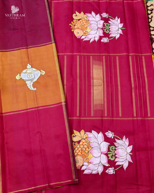 Multi Colour Kanchivaram Silk Saree With Thanjor Hand Painting All Over
