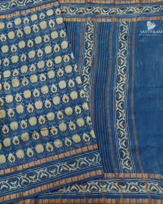 Blue & Yellow colour & sungudi cotton saree with ajrakh print all over