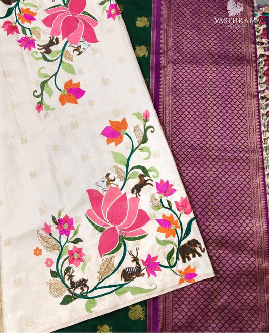Off White Colour Pure Zari Kanchivaram Silk Saree With Zari & Hand Painting & Hand Work Body