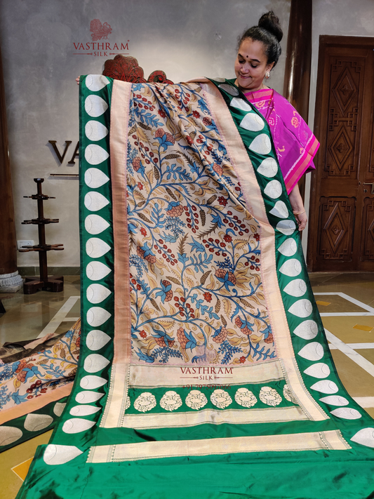 Cream Colour Ikkat & Banarasi Silk Fusion Saree