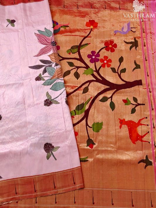 Light Pink Colour Paithani Silk Saree With Zari Stripes & Hand Painting All Over Code : PA006