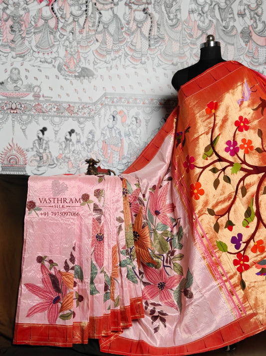 Light Pink Colour Paithani Silk Saree With Zari Stripes & Hand Painting All Over Code : PA006