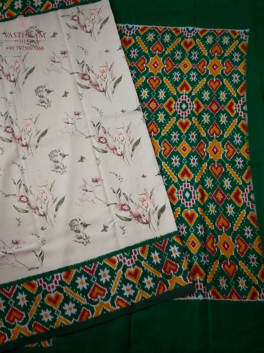 Beige Colour Ikkat Silk Saree With Floral Digital Print All Over Code : IK036