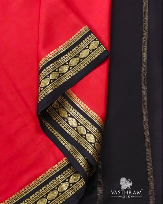 Red Colour Mysore Crepe Silk With Black Zari Border Code : MC014