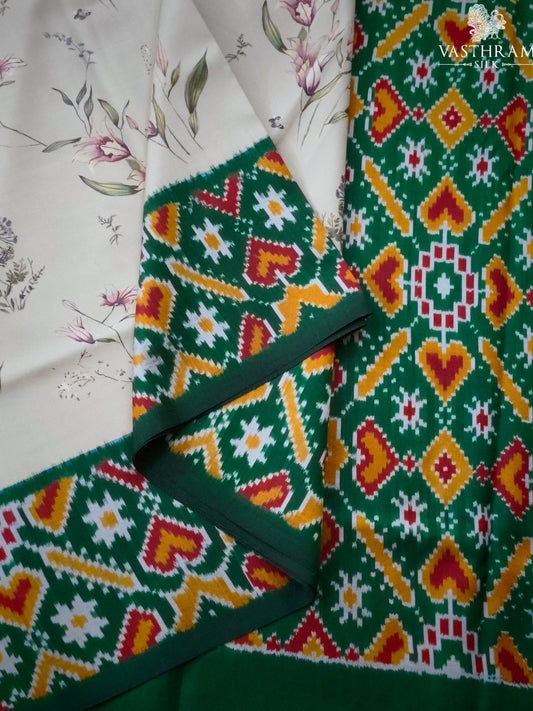 Beige Colour Ikkat Silk Saree With Floral Digital Print All Over Code : IK036