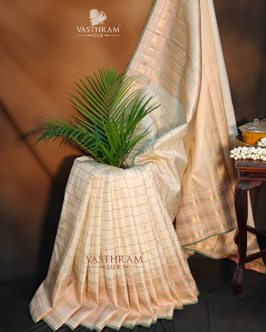 Cream Colour Kanchivaram Silk Saree With Zari Checks All Over