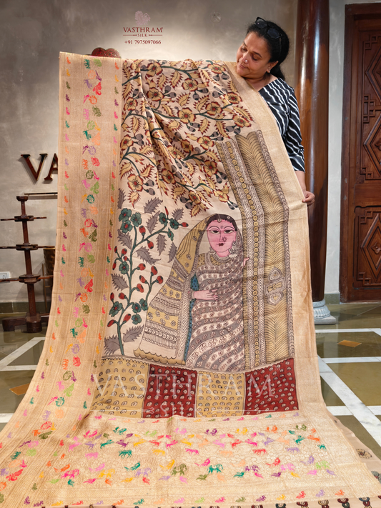 Cream Colour georgette Banarasi Saree With Pen Kalamkari All Over Code : VB0485