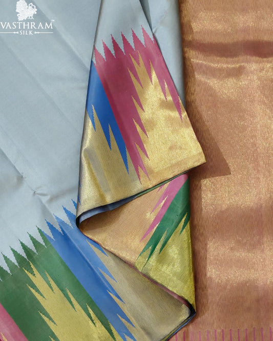 Grey Colour Kanchivaram Silk Saree With Plain Body