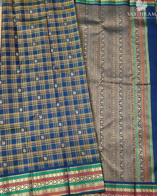 Peacock Blue Colour Kanchivaram Silk Saree With Zari & Thread Woven Checks All Over