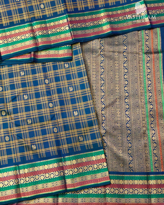 Peacock Blue Colour Kanchivaram Silk Saree With Zari & Thread Woven Checks All Over