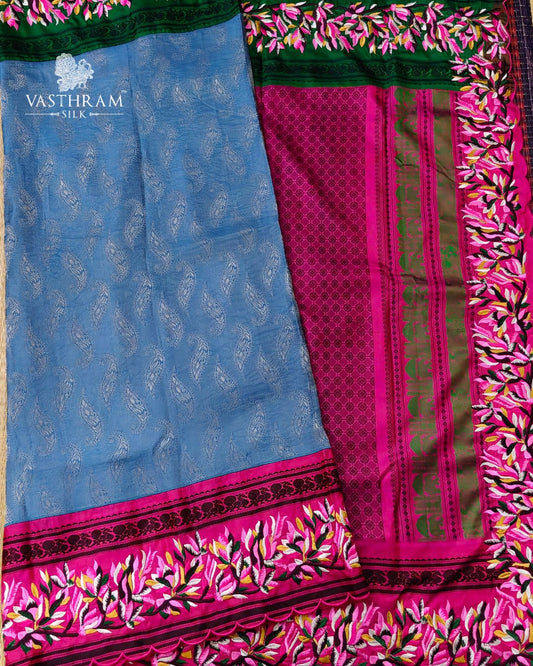 Blue Colour Mysore Crepe Kanchivaram Fusion Saree With Zari Motif All Over