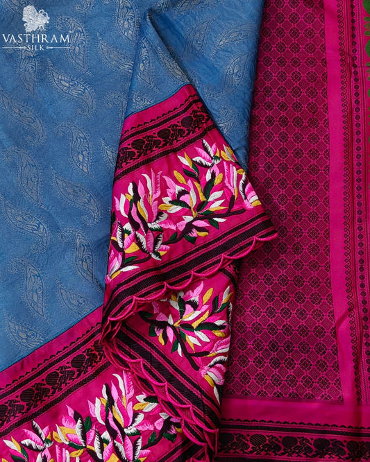 Blue Colour Mysore Crepe Kanchivaram Fusion Saree With Zari Motif All Over