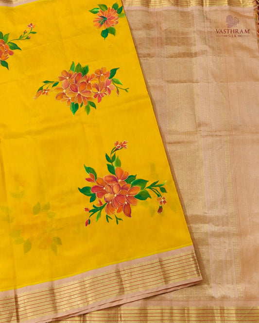 Mustard Yellow Colour Silk Cotton Saree With Hand Painting All Over