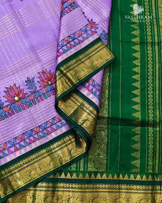 Lavender Colour Silk Cotton Saree With Zari Checks & Madhubani Hand Painting All Over