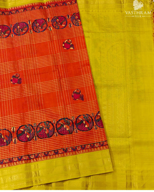 Orange Colour Silk Cotton Saree With Zari Checks & Madhubani Hand Painting All Over