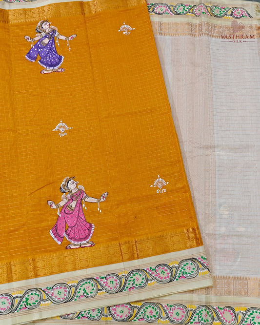 Yellow Colour Silk Cotton Saree With Zari Checks & Patta Chitrahand Painting All Over