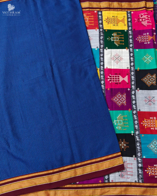 Navy Blue Colour Ilkal Saree With Plain Body